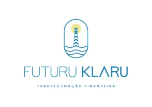 Versão principal do logotipo Futuru Klaru, farol estilizado e slogan “Transformação Financeira”, identidade visual minimalista.